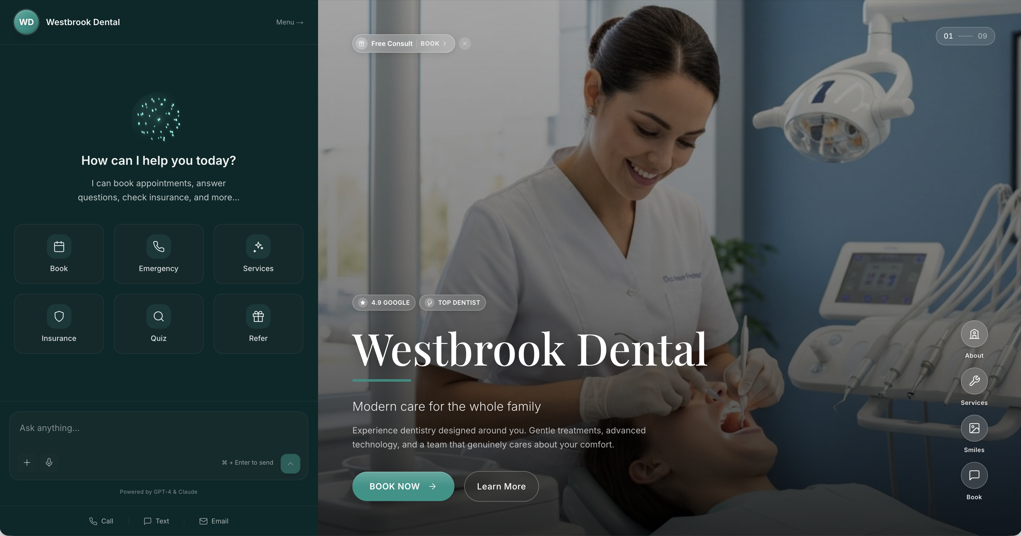 Dental website template showing AI chat interface and hero section
